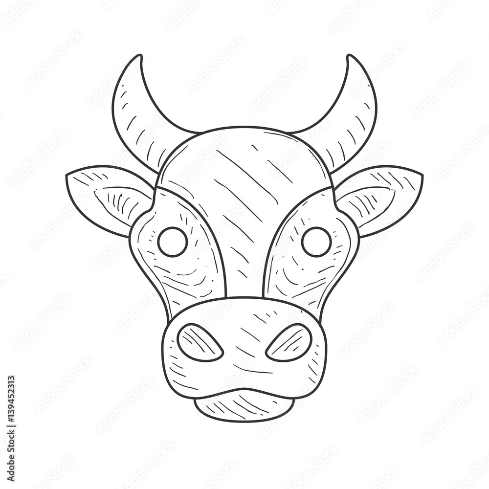 Pencil Sketch With Isolated Cows Head In Black And White Color For