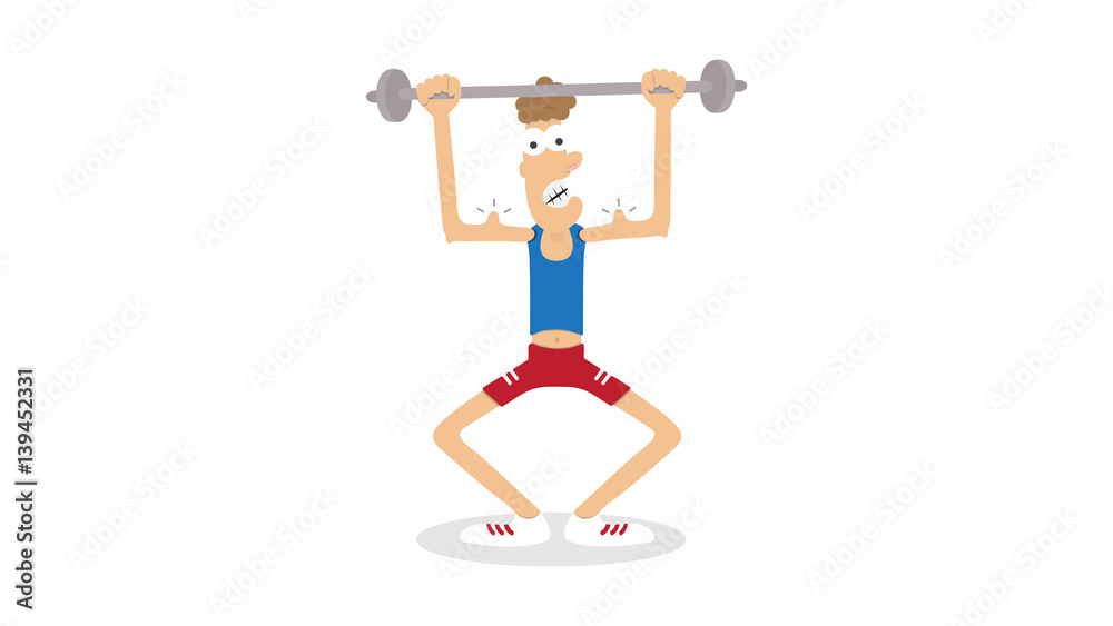 Athletic young man try  funny fitness character vector  comic illustration Stock Vector | Adobe Stock