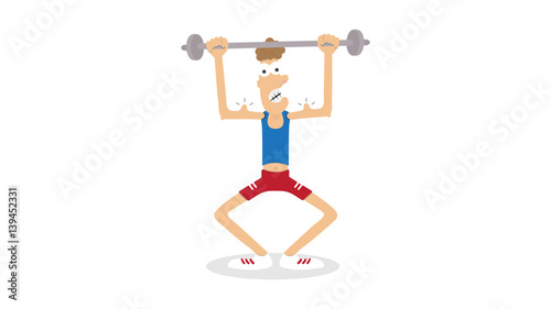 Athletic young man try bodybuilding.Cartoon funny fitness character vector comic illustration