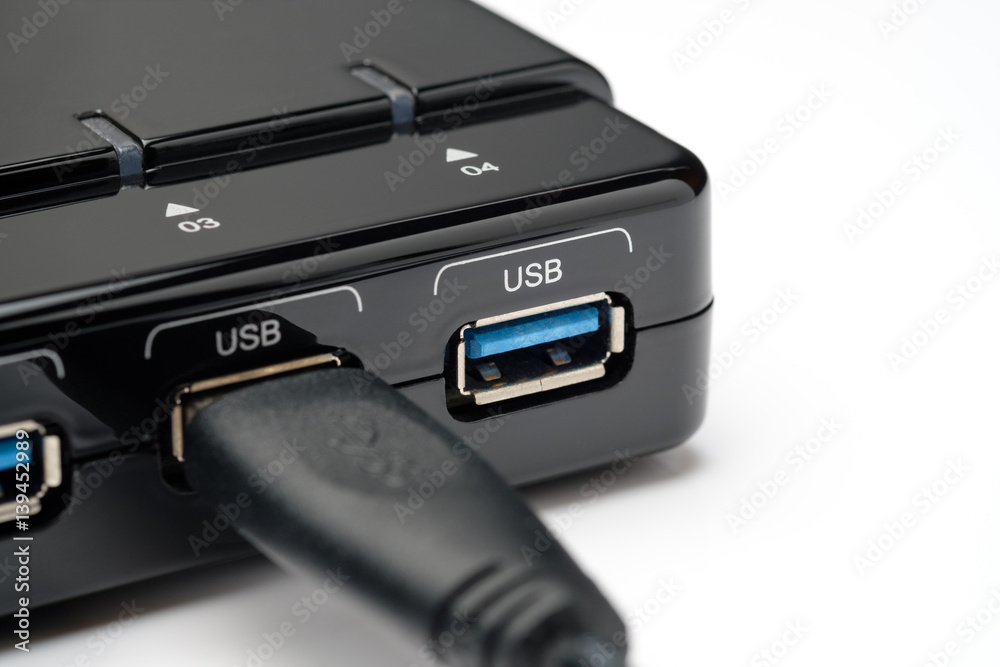 USB Hub version 3.0 in black model on white background USB Hub version 3.0 in black model on white background