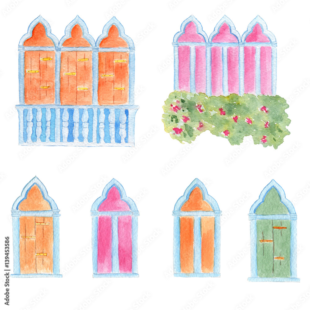 Watercolor hand drawn venetian style arched windows set