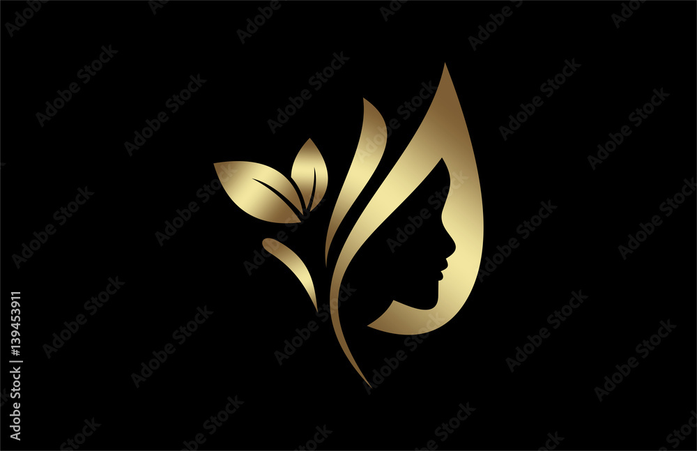 natural beauty salon and hair treatment logo in gold and metal color - obrazy, fototapety, plakaty 