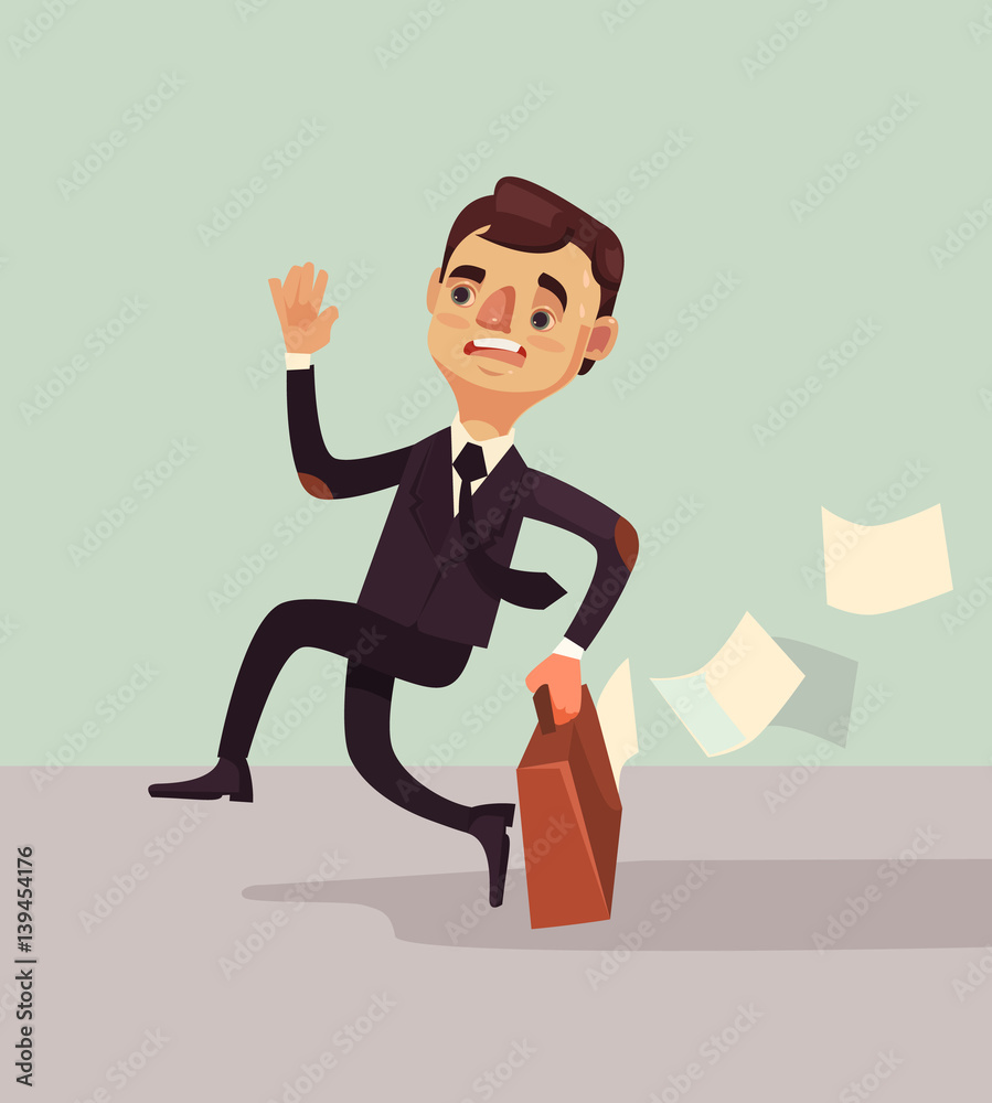 Office worker man character hurry and late. Vector flat cartoon illustration