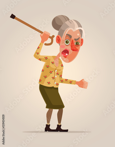 Angry old woman character. Vector flat cartoon illustration