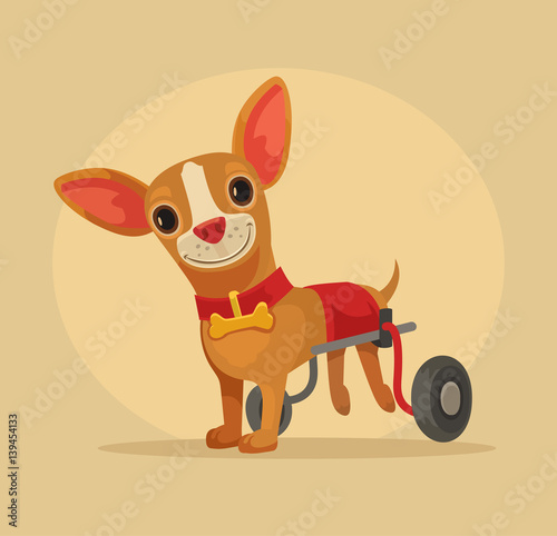 Disabled dog character in wheelchair. Vector flat cartoon illustration