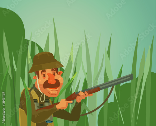 Hunter man character hunt ducks. Vector flat cartoon illustration