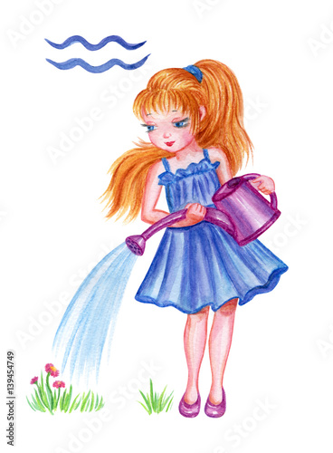 Girl watering flowers from watering cans, Aquarius horoscope, watercolor illustration.