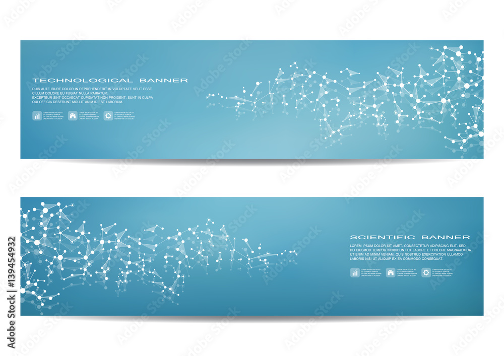 Set of modern scientific banners. Molecule structure DNA and neurons. Abstract background. Medicine, science, technology, business, website templates. Scalable vector graphics.