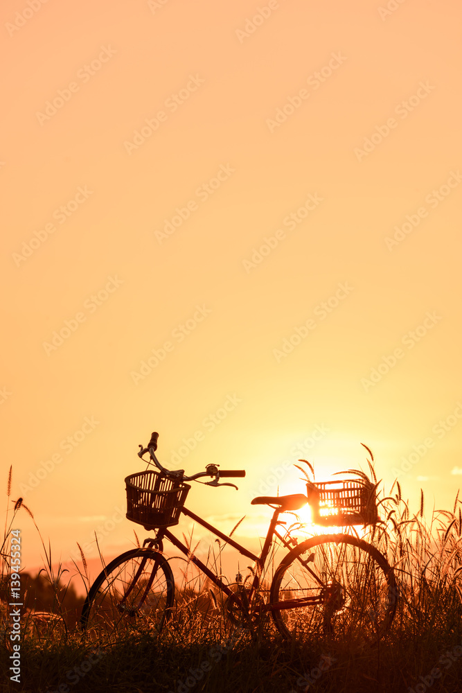 beautiful landscape image with Silhouette vintage Bicycle at sunset.classic bicycle, for greeting Cards ,post card