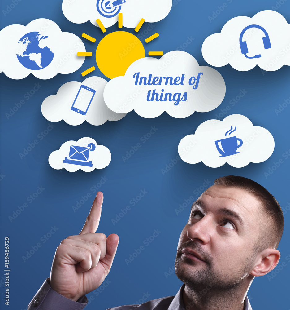 Business, Technology, Internet and marketing. Young businessman thinking about: Internet of things