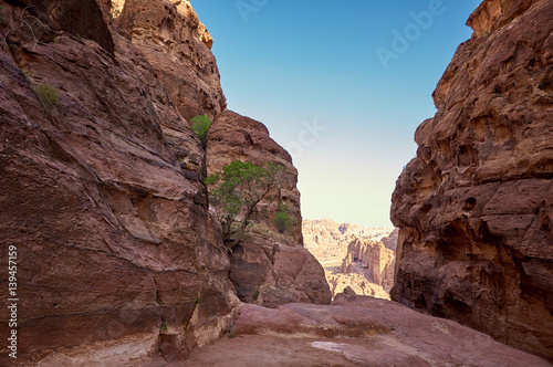 Petra mountains, Jordan. Abandoned ancient rock-cut buildings on the background.
