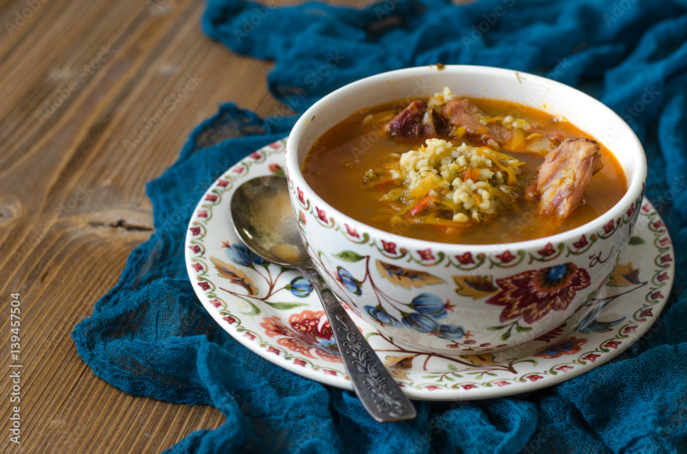 Tomato soup with bulgur carrot and smoked ribs Tomato soup with bulgur carrot and smoked ribs