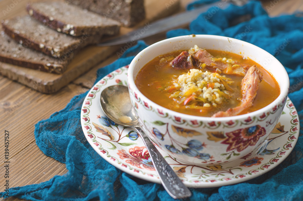 Tomato soup with bulgur carrot and smoked ribs Tomato soup with bulgur carrot and smoked ribs