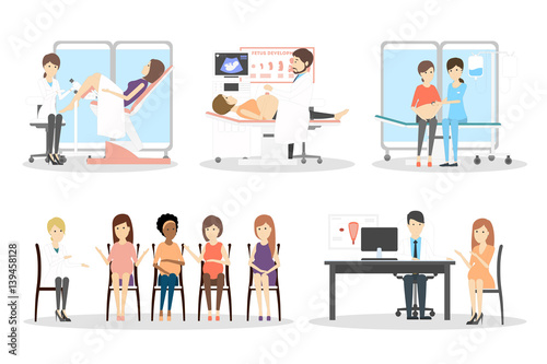 Prenatal clinic set. Isolated characters on white background. Sonography, gynecologist and pregnancy class.
