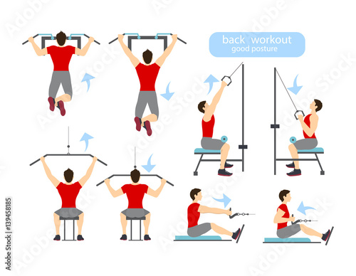 Back workout set on white background. Exercises for men. Hard training.