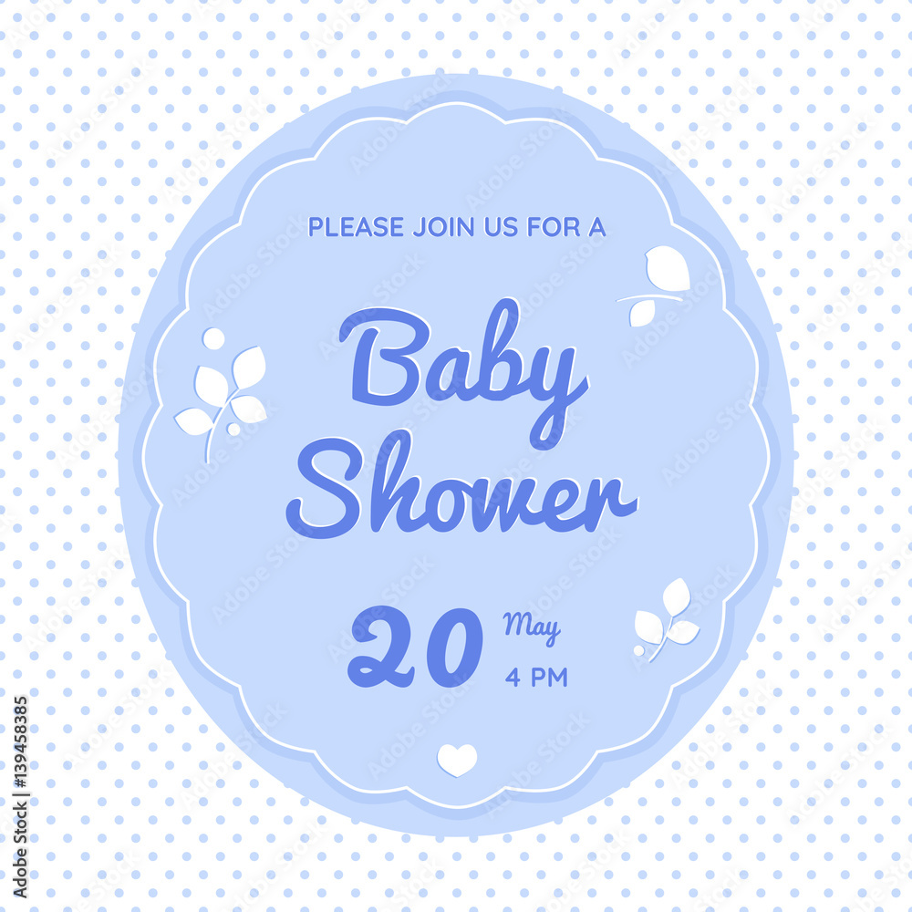 Cute baby shower invitation with bird, leaves and heart. In paper collage style. Violet shades. Cute baby shower invitation with bird, leaves and heart. In paper collage style. Violet shades.