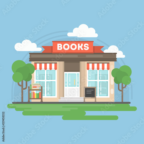 Fototapeta Naklejka Na Ścianę i Meble -  Book store building. Isolated urban building with sign and storefront. City landscape with clouds and trees.