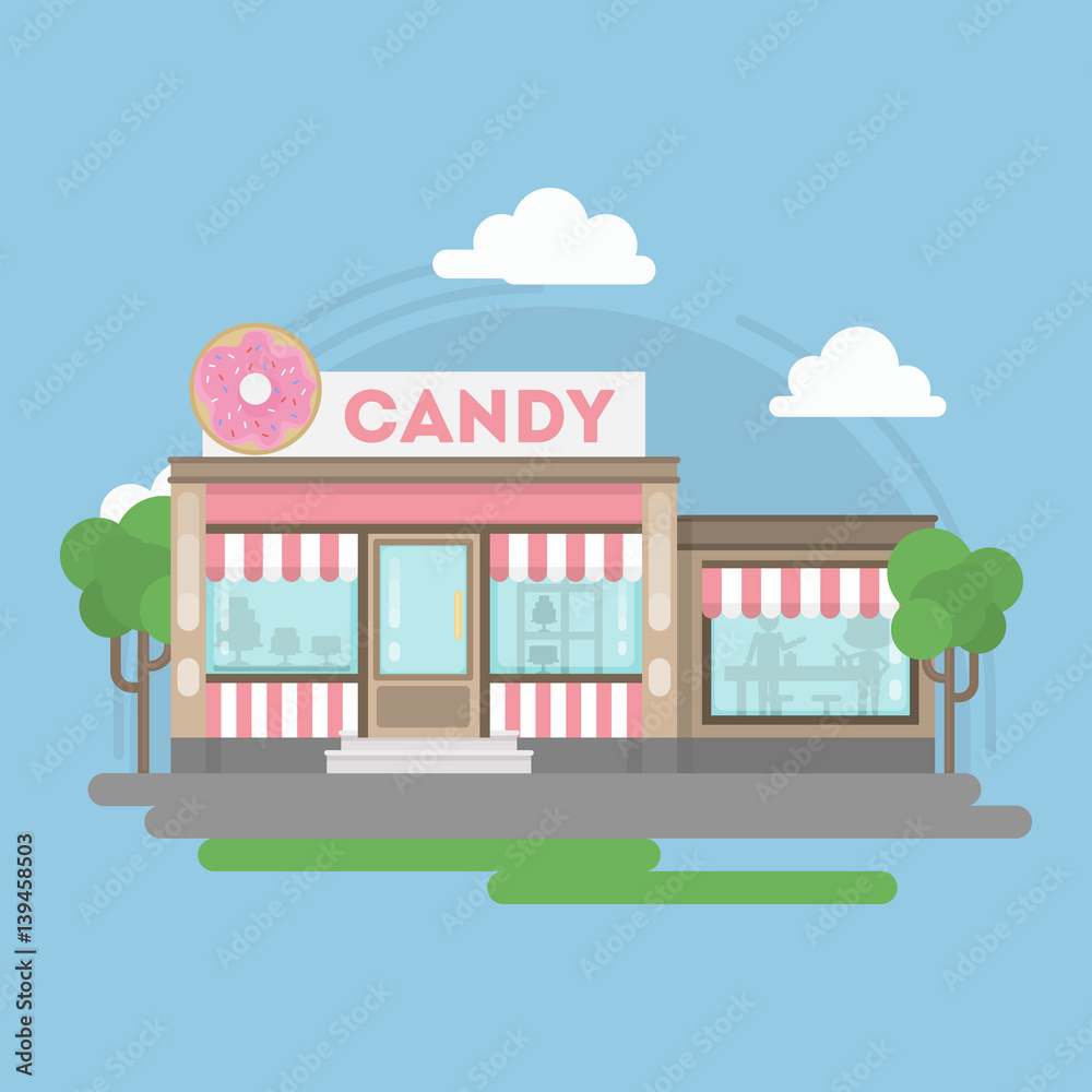 Candy shop building. Isolated urban building with sign and storefront. City landscape with clouds and trees.