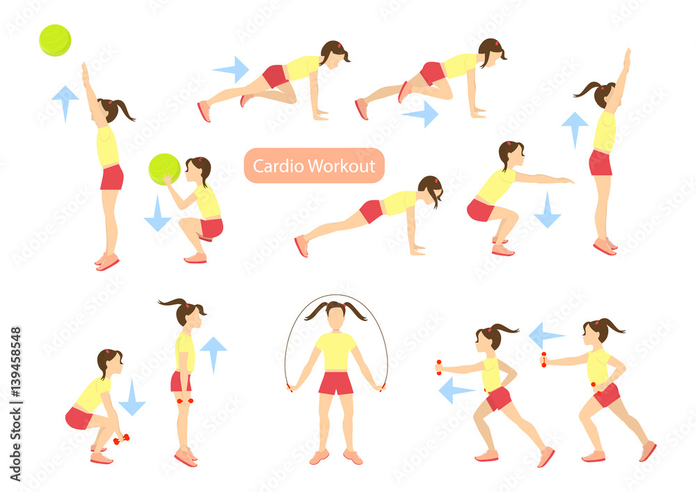 Exercises for kids set. Workout for girls. Cardio exercises with weights, jumping rope and ball. Healthy lifestyle for children.