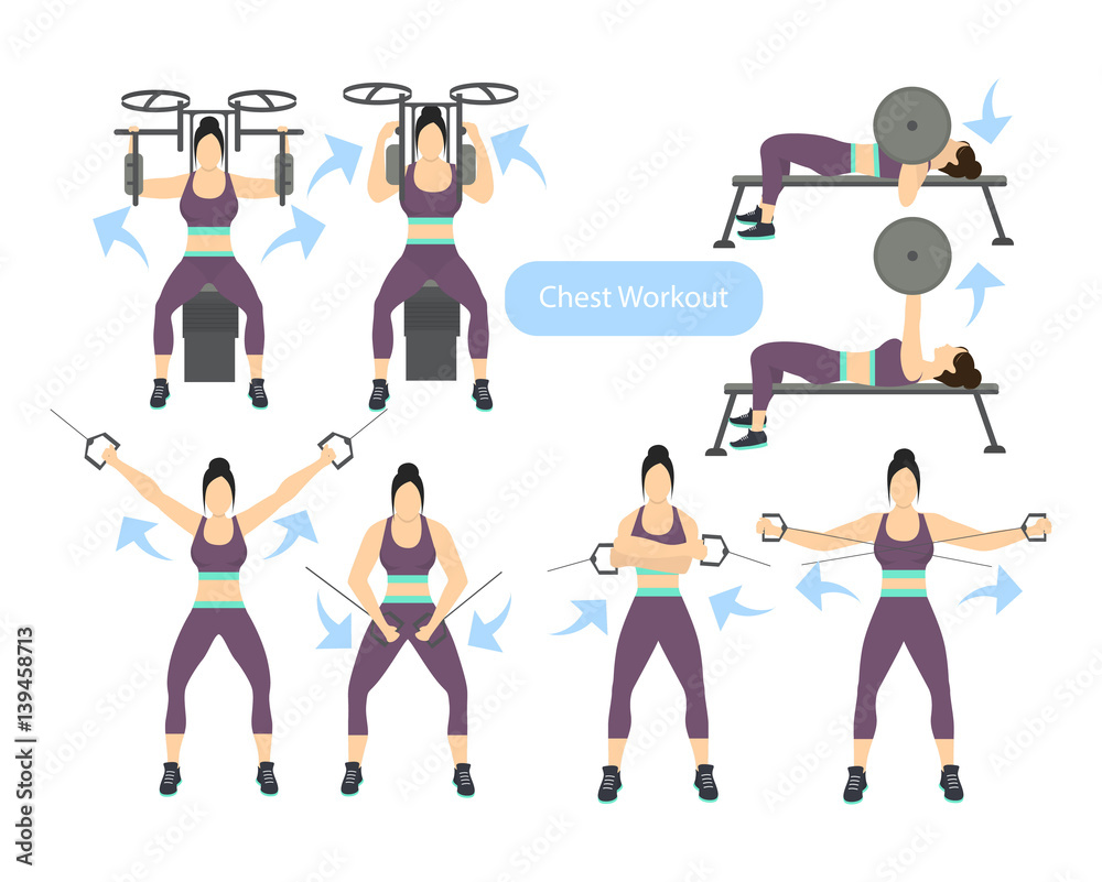Chest workout set on white background. Exercises for women. Hard training.