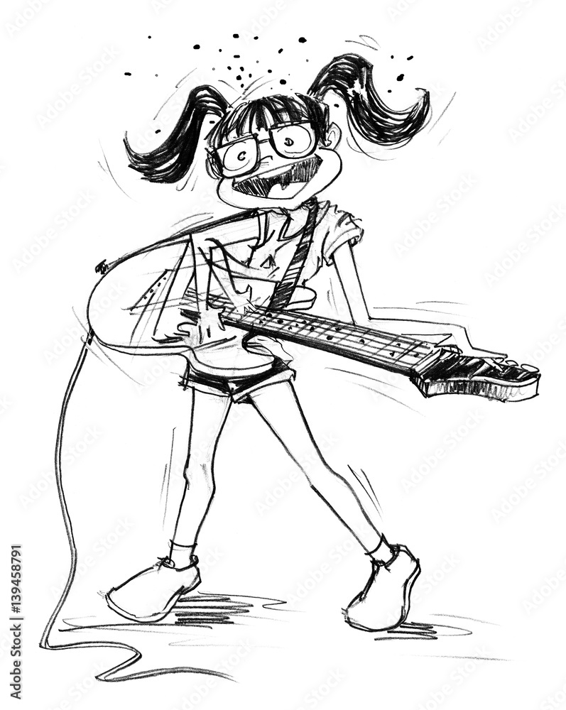 Cartoon character design girl acting to playing electric guitar feeling  fun, Pencil sketch hand drawing black and white. Stock Illustration | Adobe  Stock