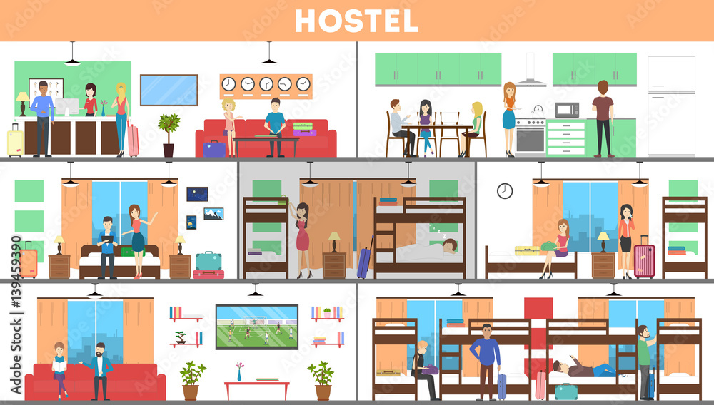 Hostel interior set. Rooms and kitchen and visitors. Cheap hotel.