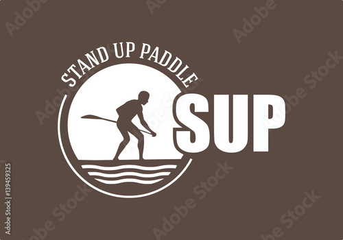 Sign, logo of stand up paddle surfing.Man silhouette on the sup board