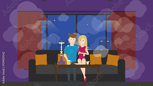 Hookah bar interior. Alcohol drinks. Young couple relax and smoke.