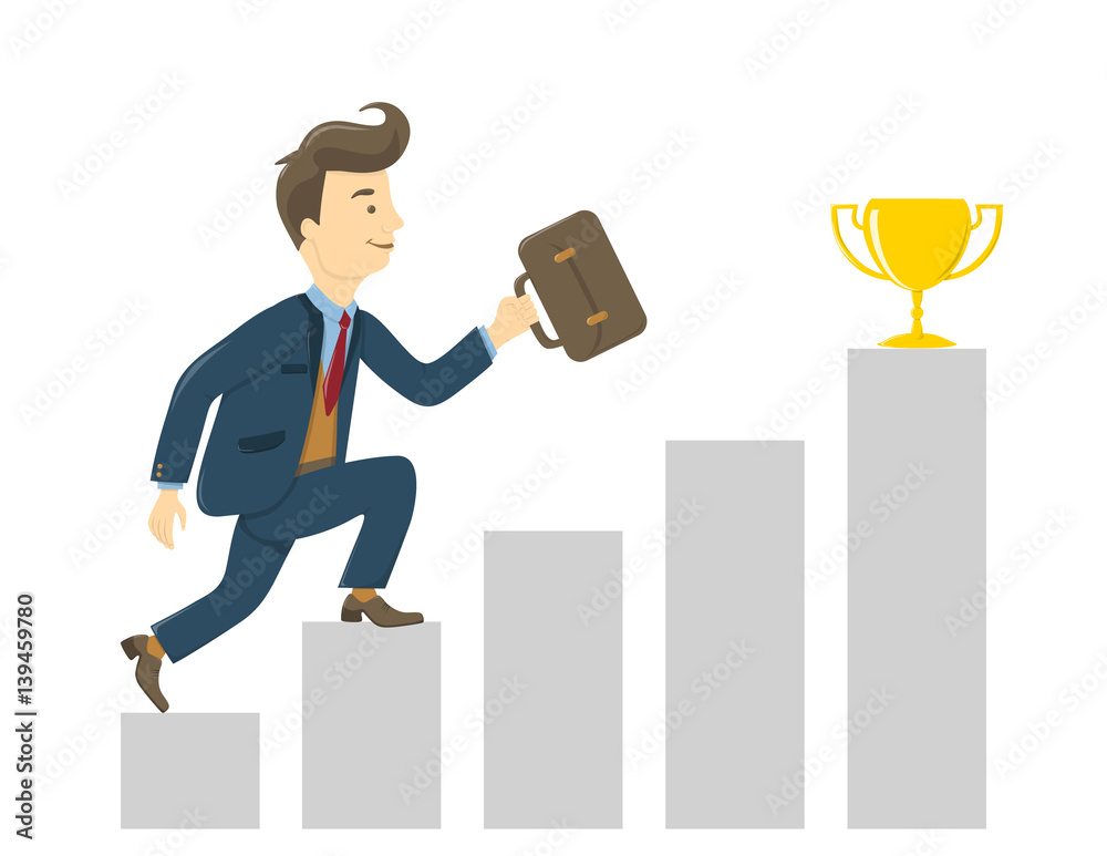 Isolated climbing businessman on white background. Trying to get the golden winner cup. Concept of success and competition. Isolated climbing businessman on white background. Trying to get the golden winner cup. Concept of success and competition.