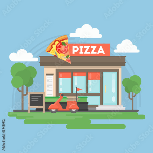 Fototapeta Naklejka Na Ścianę i Meble -  Pizza restaurant building. Isolated urban building with sign and storefront. City landscape withclouds and trees.