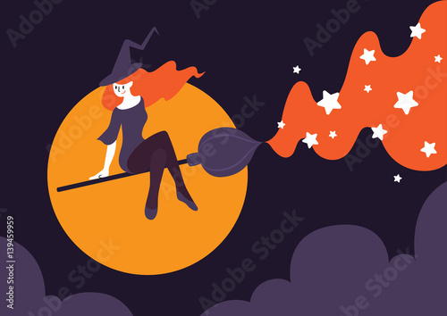 Vector illustration of beautiful witch riding broomstick on night sky