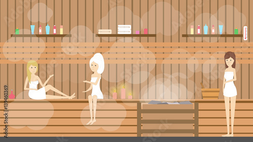 Sauna in spa center. Women visit healthy hot bath therapy in salon.