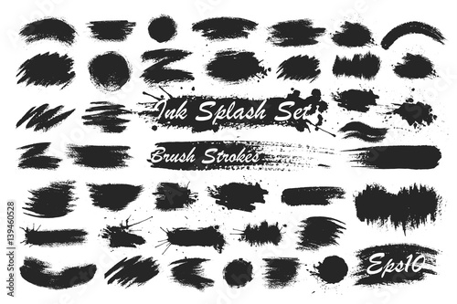 Black ink spots set on white background. Ink illustration. Brush strokes set.