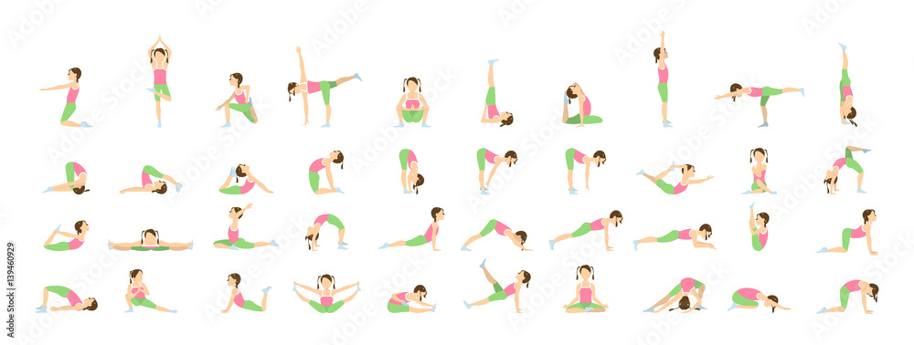 Yoga for kids. Isolated poses and asanas for children on white background.