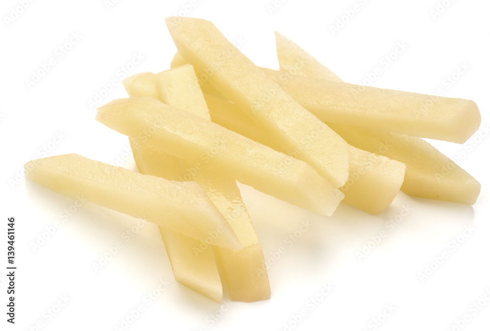 Raw Potato sliced strips prepared for French fries isolated on white background Raw Potato sliced strips prepared for French fries isolated on white background