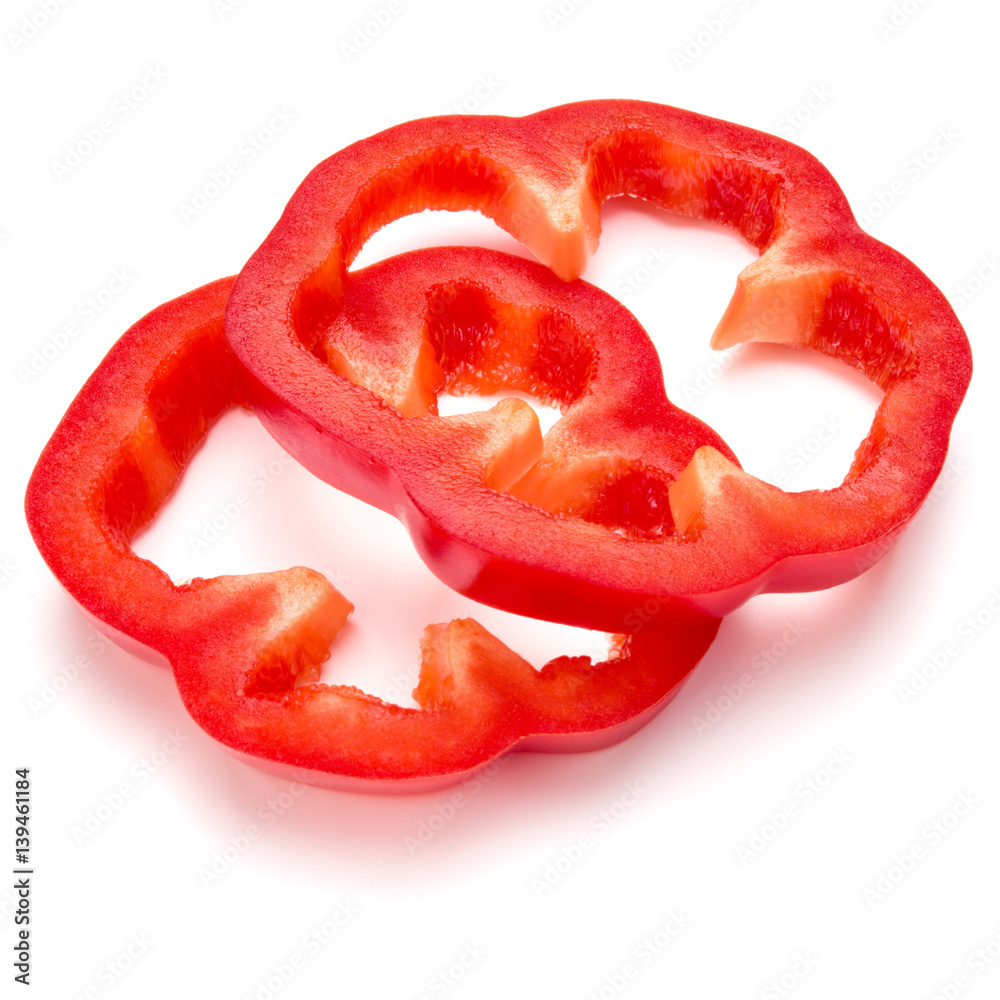 Red sweet bell pepper slices isolated on white background cutout Red sweet bell pepper slices isolated on white background cutout