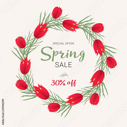 Spring sale background with beautiful colorful flower. Vector illustration template, banners. Wallpaper, flyers, invitation, posters, brochure, voucher discount.