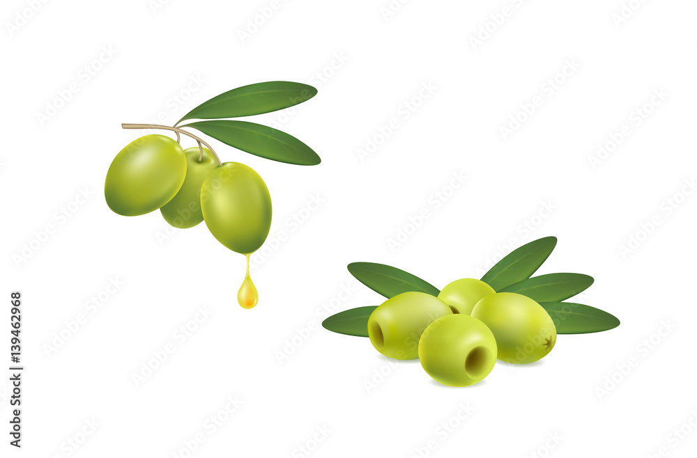 Obraz premium Set of green olives on white background