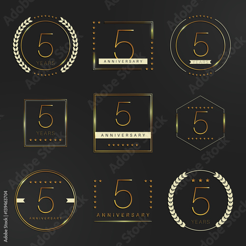 Five years anniversary celebration logotype. 5th anniversary gold logo set.