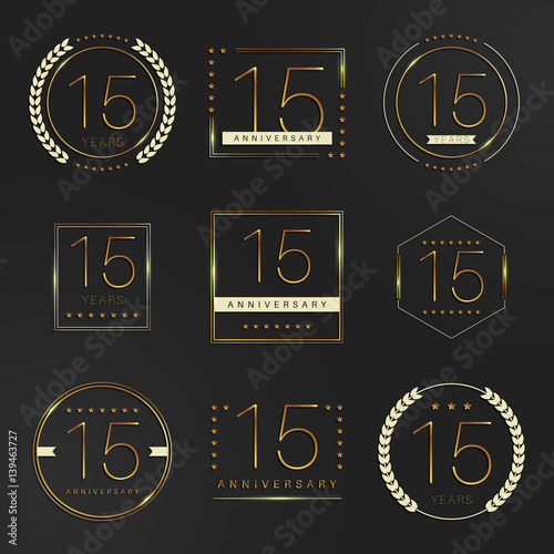 Fifteen years anniversary celebration logotype. 15th anniversary gold logo set.