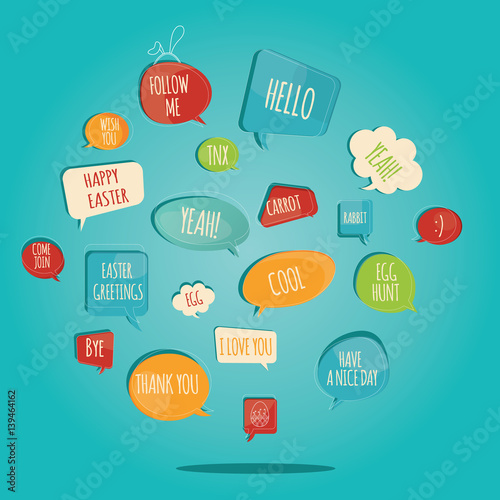 Modern vector illustration of set of cute speech bubbles with Easter decoration. Happy easter message.