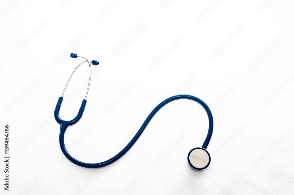 top view of blue stethoscope on white background. top view of blue stethoscope on white background.