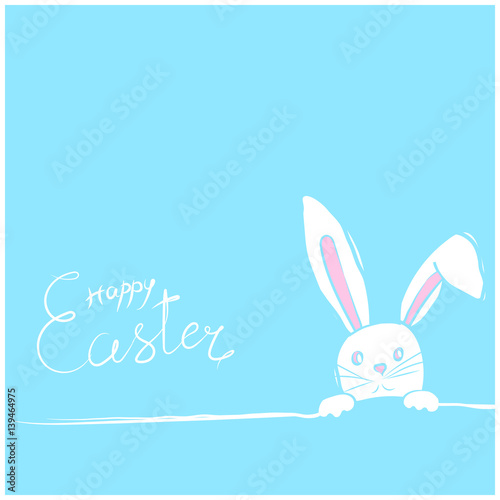 Happy easter card with rabbit bunny ears and lettering on blue.