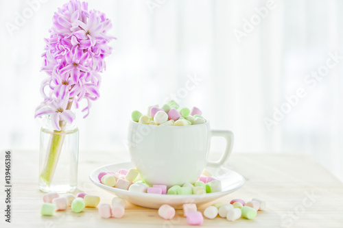 coffee cup with marshmallows and hyacinth on a light background