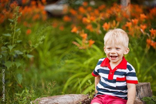 Little boy sitting on a stump and smeeisya on a background of orange lilies