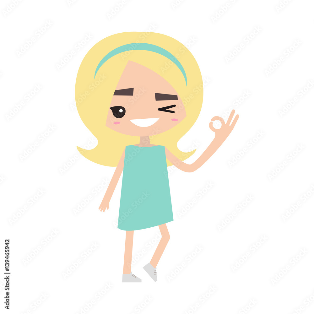 Smiling winking blonde girl says Smiling winking blonde girl says
