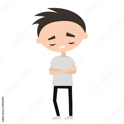 Sad offended boy cartoon illustration, Vector flat editable image