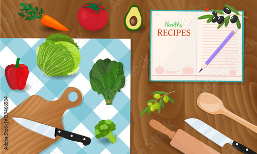 Healthy eating and tasty recipes banner with vegetables a chopping board with knife and checked tablecloth
