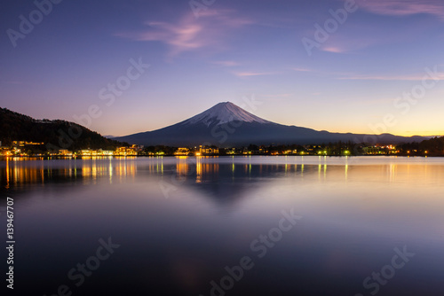 Mt. Fuji, Japan at Lake Kawaguchi after sunset.