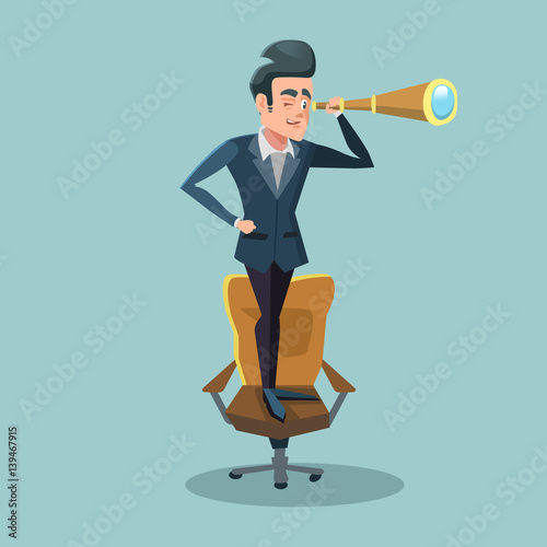 Successful Businessman Looking Through Spyglass. Business Perspective. Vector illustration